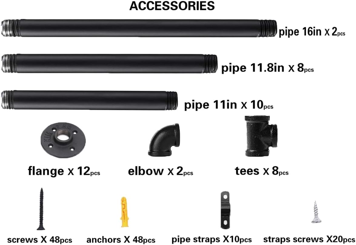 Industrial Wall Mount Iron Pipe Shelf Shelves Shelving Bracket Black Vintage Retro Ceiling Hung Shelf DIY Open Bookshelf Storage for offcie Room Kitchen (2PcsX5Tier,68" Tall,10" deep,Hardware Only)