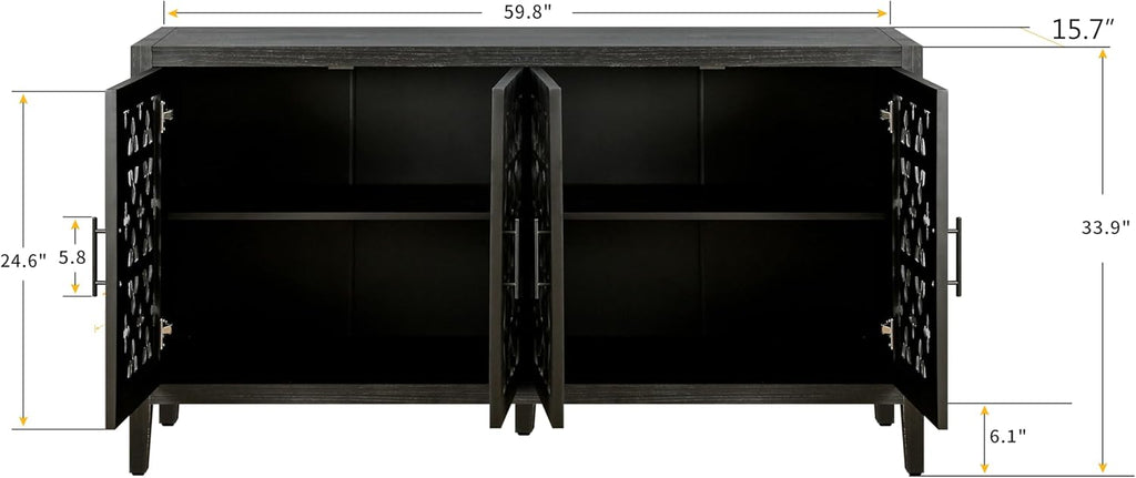 roomfitters Retro TV Stand, Four Door Antique Buffet Cabinet, Rustic Country Style, Ideal for Living Room, Bedroom Kitchen, Black
