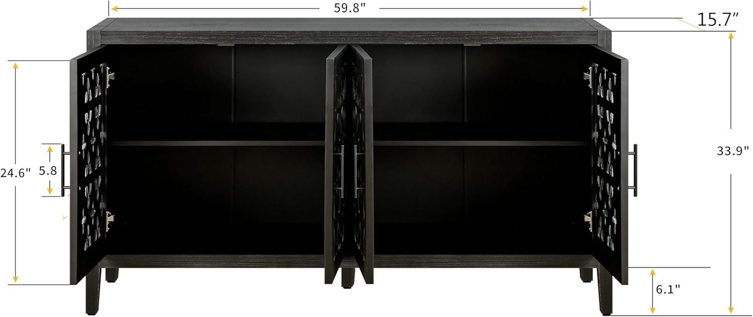 roomfitters Retro TV Stand, Four Door Antique Buffet Cabinet, Rustic Country Style, Ideal for Living Room, Bedroom Kitchen, Black