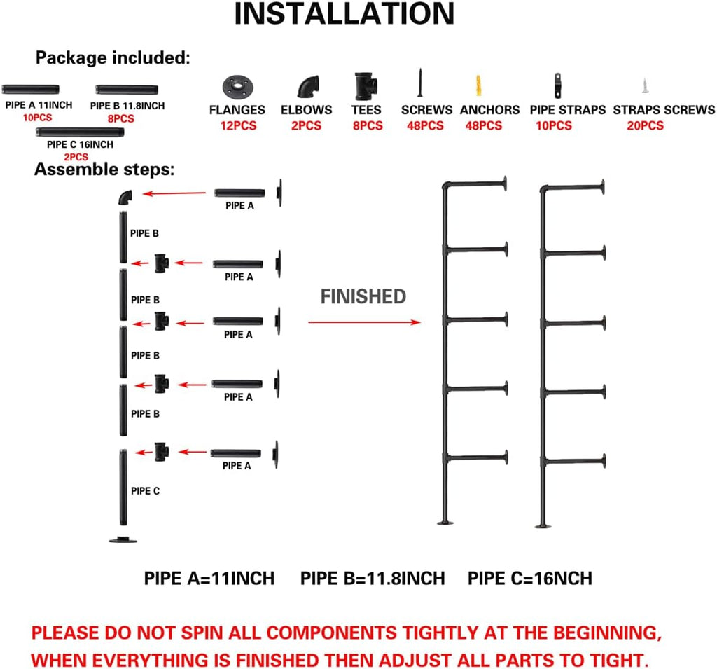 Industrial Wall Mount Iron Pipe Shelf Shelves Shelving Bracket Black Vintage Retro Ceiling Hung Shelf DIY Open Bookshelf Storage for offcie Room Kitchen (2PcsX5Tier,68" Tall,10" deep,Hardware Only)