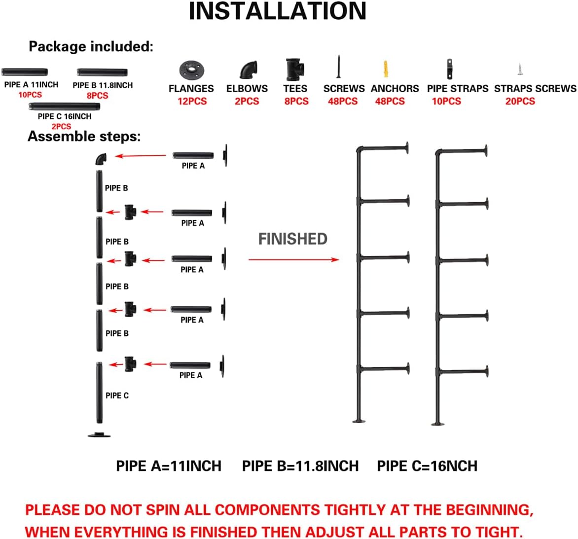 Industrial Wall Mount Iron Pipe Shelf Shelves Shelving Bracket Black Vintage Retro Ceiling Hung Shelf DIY Open Bookshelf Storage for offcie Room Kitchen (2PcsX5Tier,68" Tall,10" deep,Hardware Only)