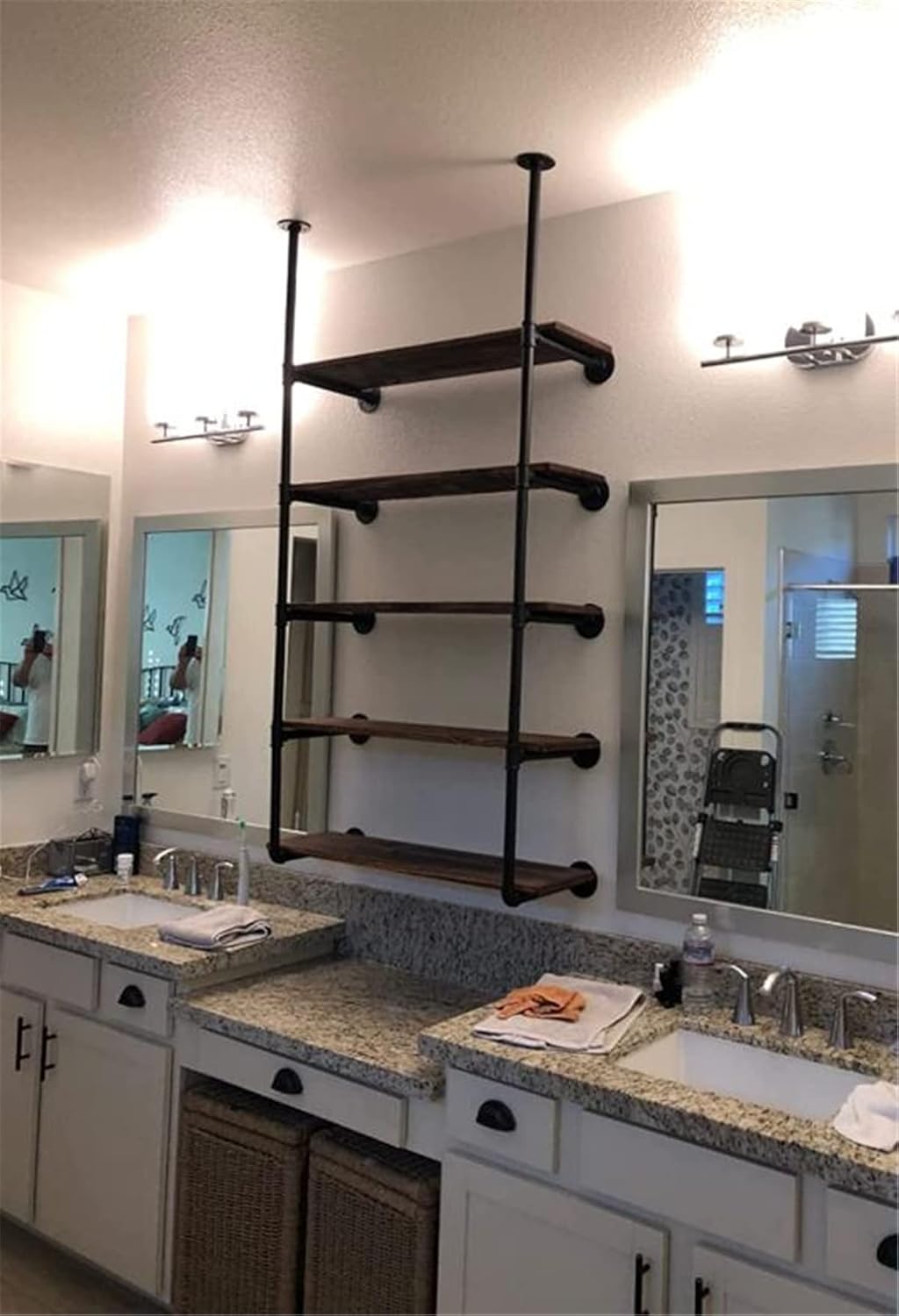 Industrial Wall Mount Iron Pipe Shelf Shelves Shelving Bracket Black Vintage Retro Ceiling Hung Shelf DIY Open Bookshelf Storage for offcie Room Kitchen (2PcsX5Tier,68" Tall,10" deep,Hardware Only)