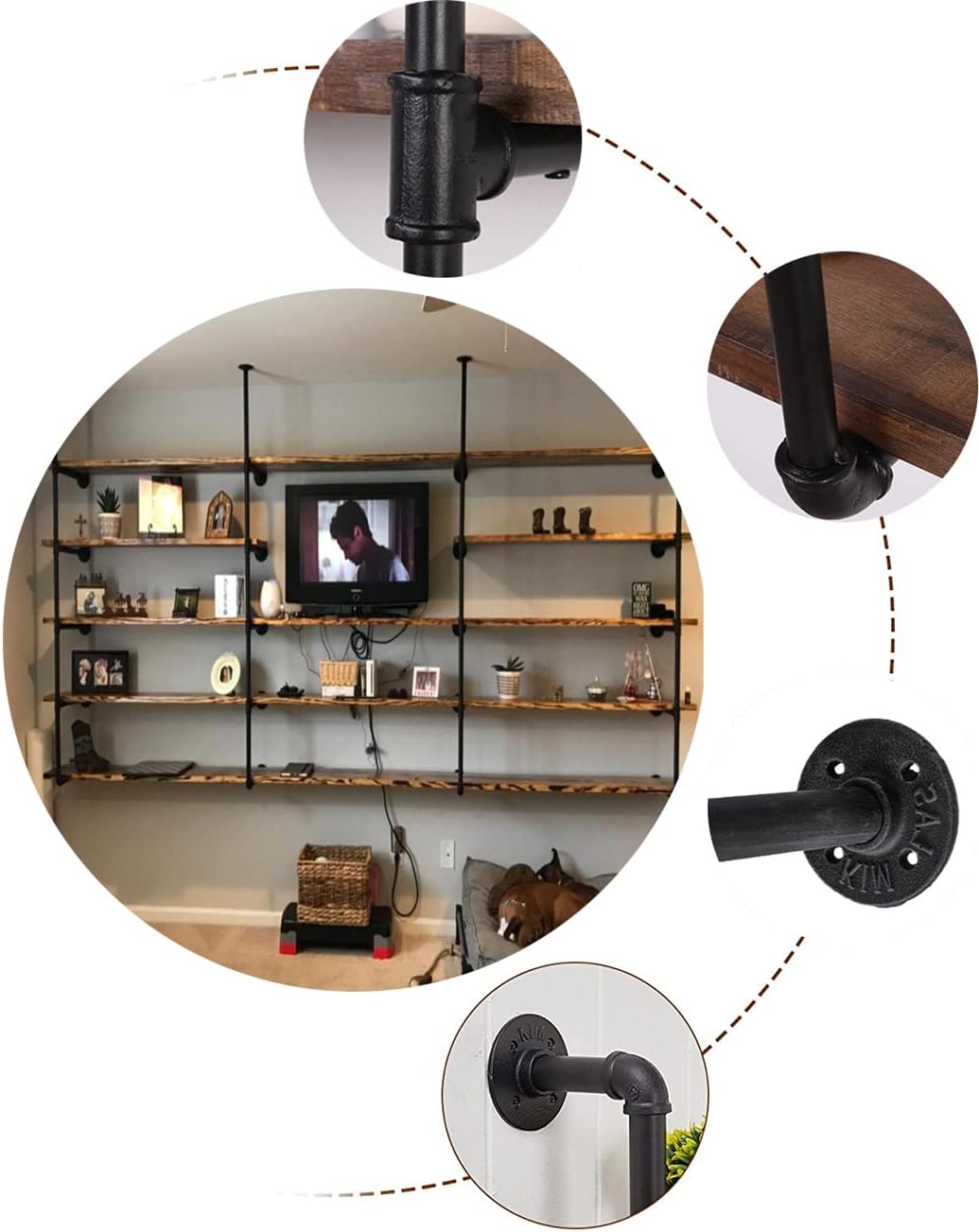 Industrial Wall Mount Iron Pipe Shelf Shelves Shelving Bracket Black Vintage Retro Ceiling Hung Shelf DIY Open Bookshelf Storage for offcie Room Kitchen (2PcsX5Tier,68" Tall,10" deep,Hardware Only)