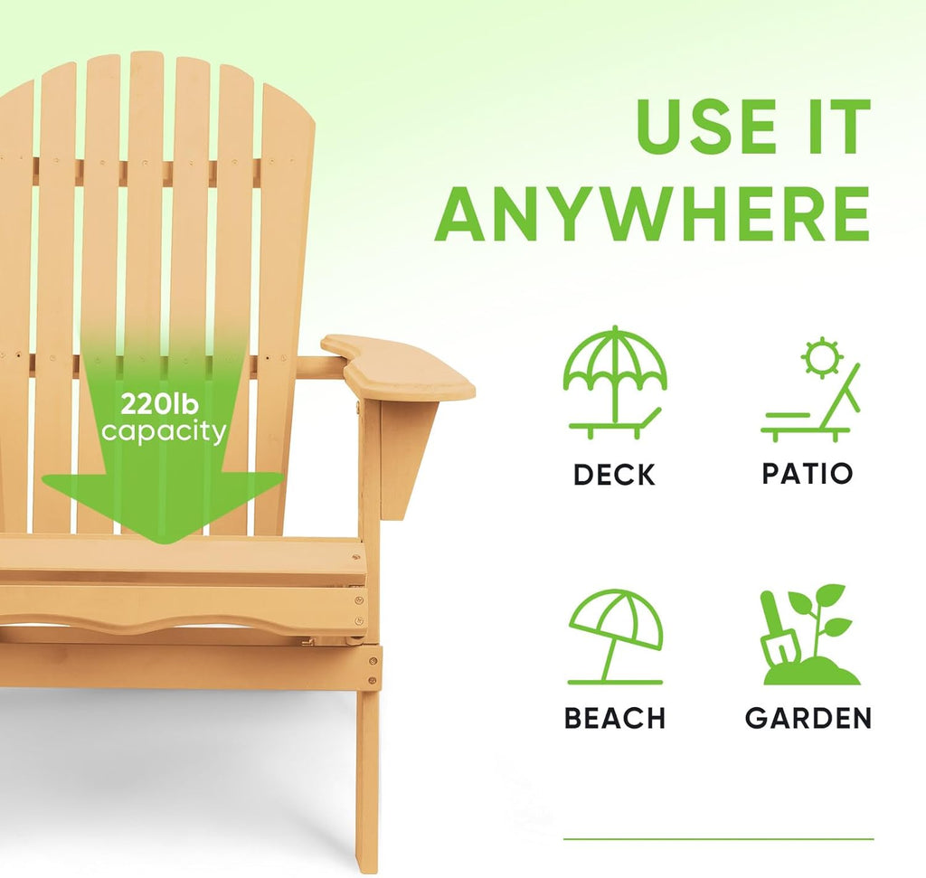 Smart FENDEE 2 Packs Folding Adirondack Chairs, All-Weather Wooden Adirondack Firepit Chairs, Solid Outdoor Leisure Furniture for Relaxing, Suitable for Yard, Patio, Balcony, Poolside, Natural