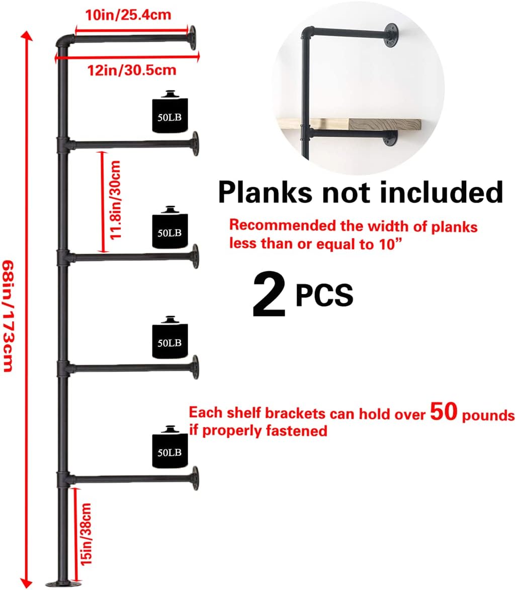Industrial Wall Mount Iron Pipe Shelf Shelves Shelving Bracket Black Vintage Retro Ceiling Hung Shelf DIY Open Bookshelf Storage for offcie Room Kitchen (2PcsX5Tier,68" Tall,10" deep,Hardware Only)