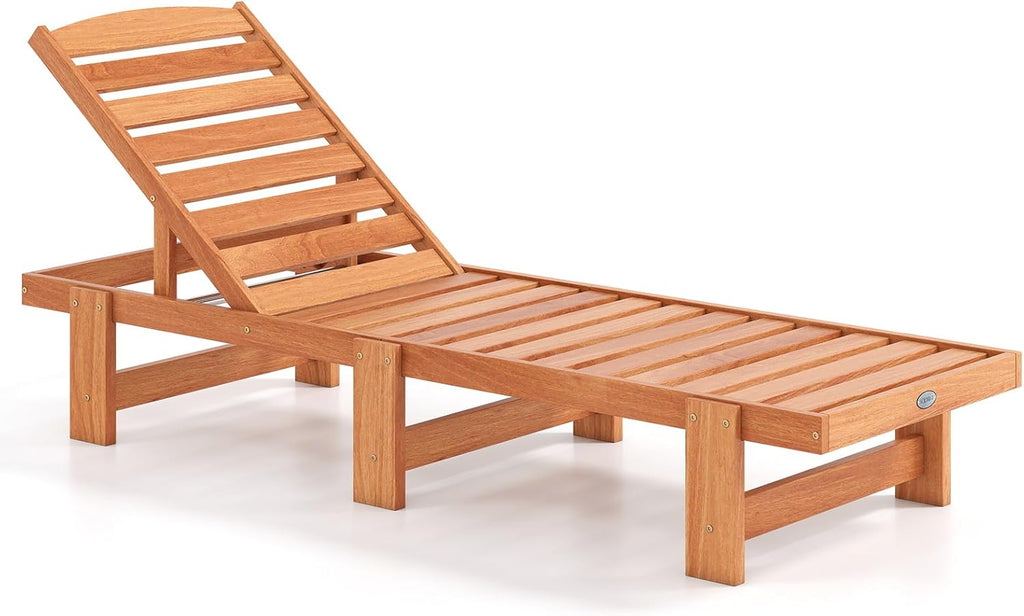 Tangkula Lounge Chair Outdoor, Solid Wood Patio Chaise Lounge with 5-Level Adjustable Backrest, Wooden Slatted Beach Pool Sunbathing Recliner for Outside Backyard, 500 LBS Max Load (1,Natural)