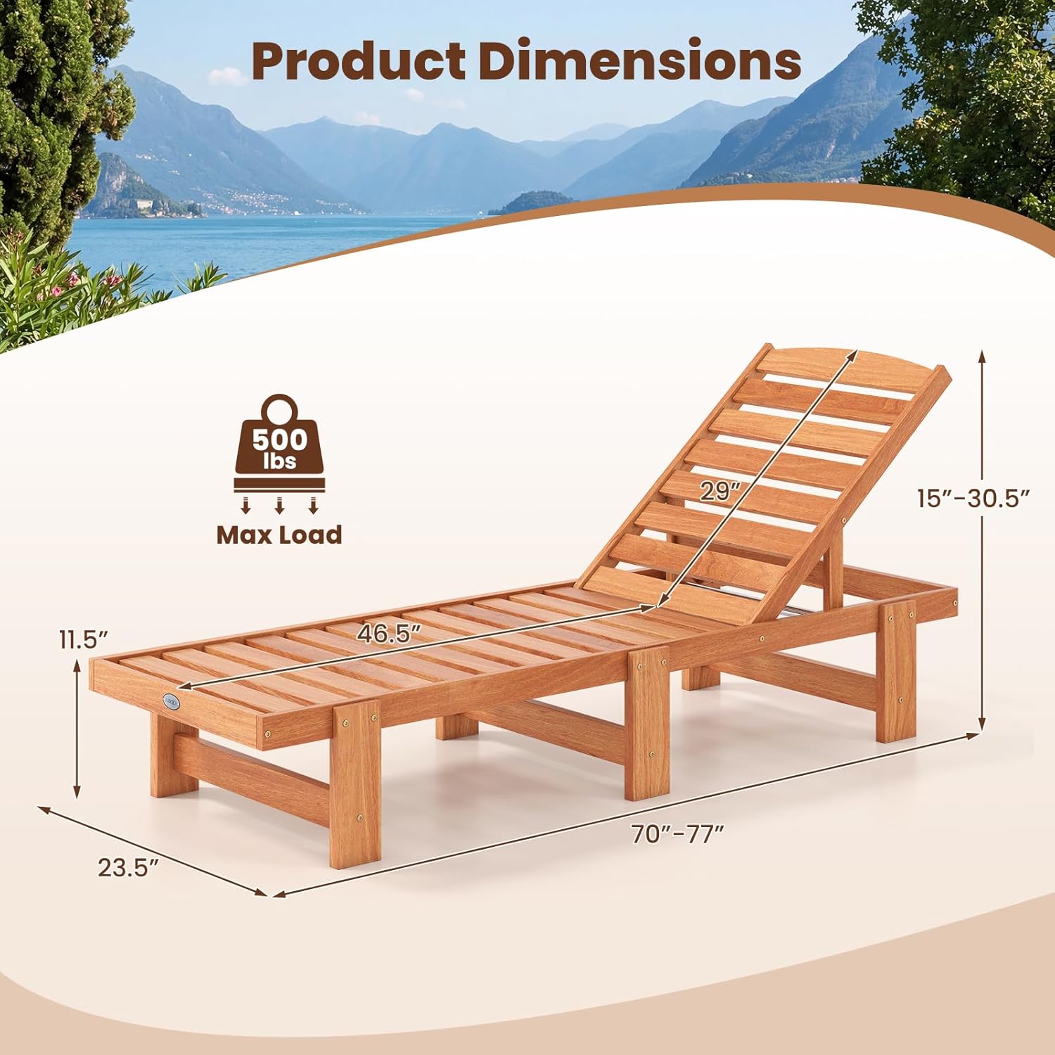 Tangkula Lounge Chair Outdoor, Solid Wood Patio Chaise Lounge with 5-Level Adjustable Backrest, Wooden Slatted Beach Pool Sunbathing Recliner for Outside Backyard, 500 LBS Max Load (1,Natural)
