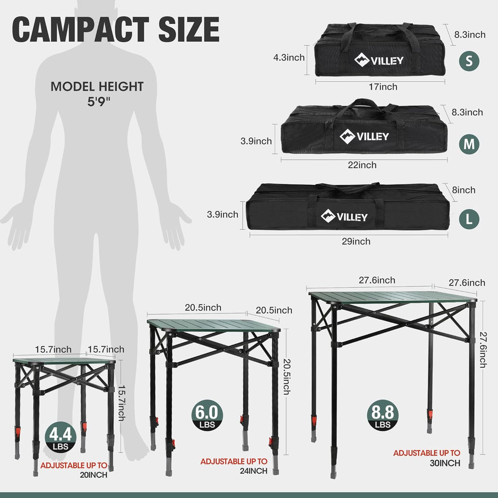 VILLEY Folding Camping Square Table with Carry Bag, Lightweight Aluminum Adjustable Square Table for Outdoor, Camping, Picnic, Backyards, BBQ (S)