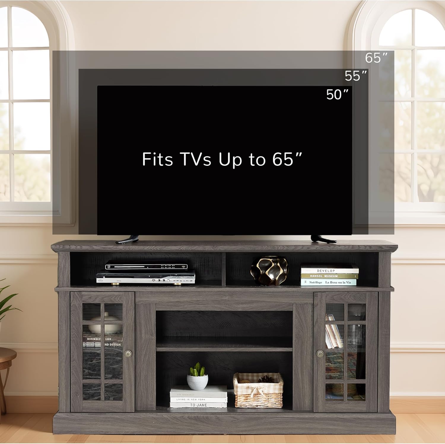58" Traditional American Country Style TV Stand for TV Up to 65'', Rustic Entertainment Center with Open Shelves, Home Entertainment Console Table with Glass Door for Living Room (Black)