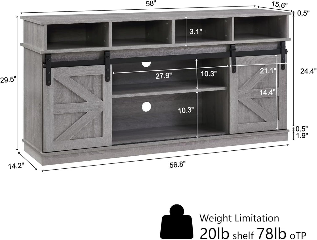 TV Stand for Living Room - Entertainment Center with Storage - Fits 65 Inch TV - Traditional American Country Style TV Cabinet - Media Console - Barn Door TV Stand,Grey.