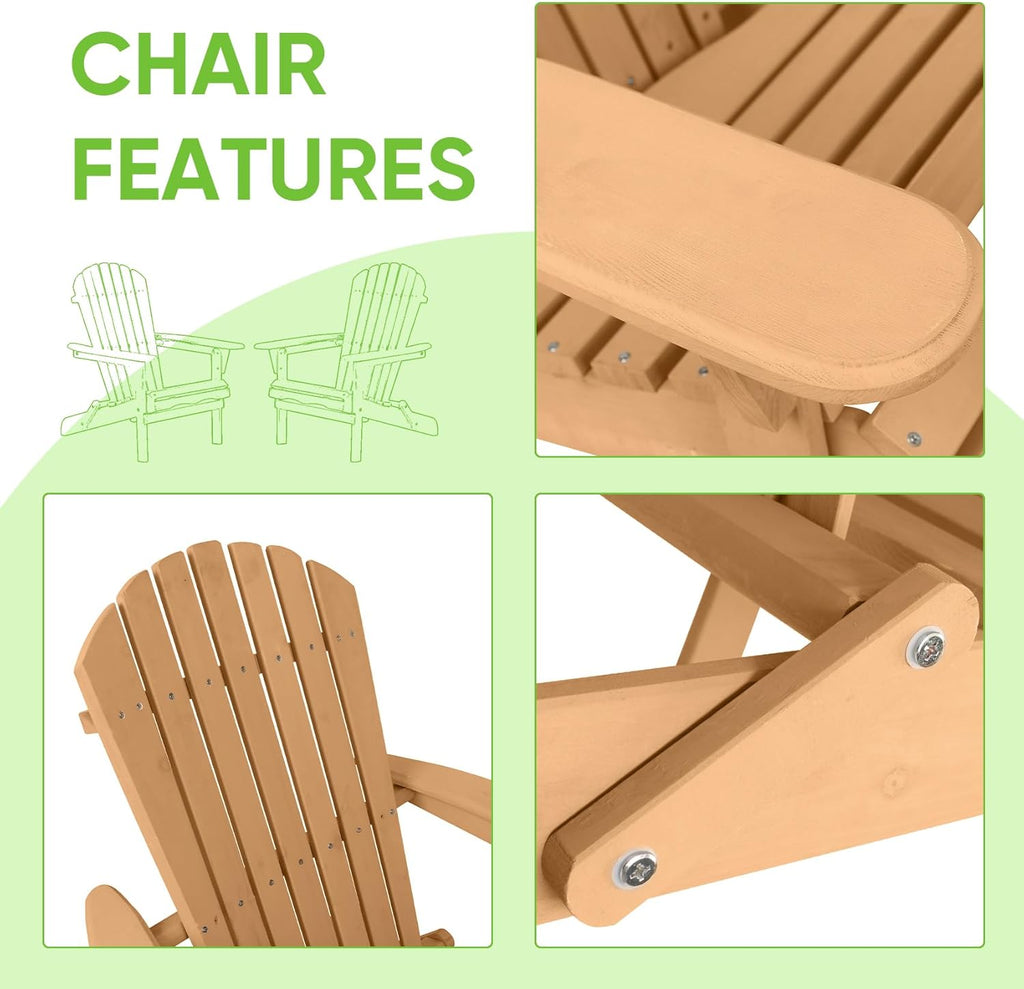 Smart FENDEE 2 Packs Folding Adirondack Chairs, All-Weather Wooden Adirondack Firepit Chairs, Solid Outdoor Leisure Furniture for Relaxing, Suitable for Yard, Patio, Balcony, Poolside, Natural