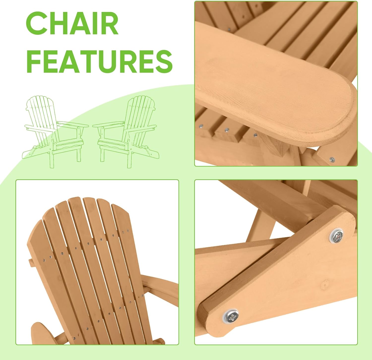 Smart FENDEE 2 Packs Folding Adirondack Chairs, All-Weather Wooden Adirondack Firepit Chairs, Solid Outdoor Leisure Furniture for Relaxing, Suitable for Yard, Patio, Balcony, Poolside, Natural