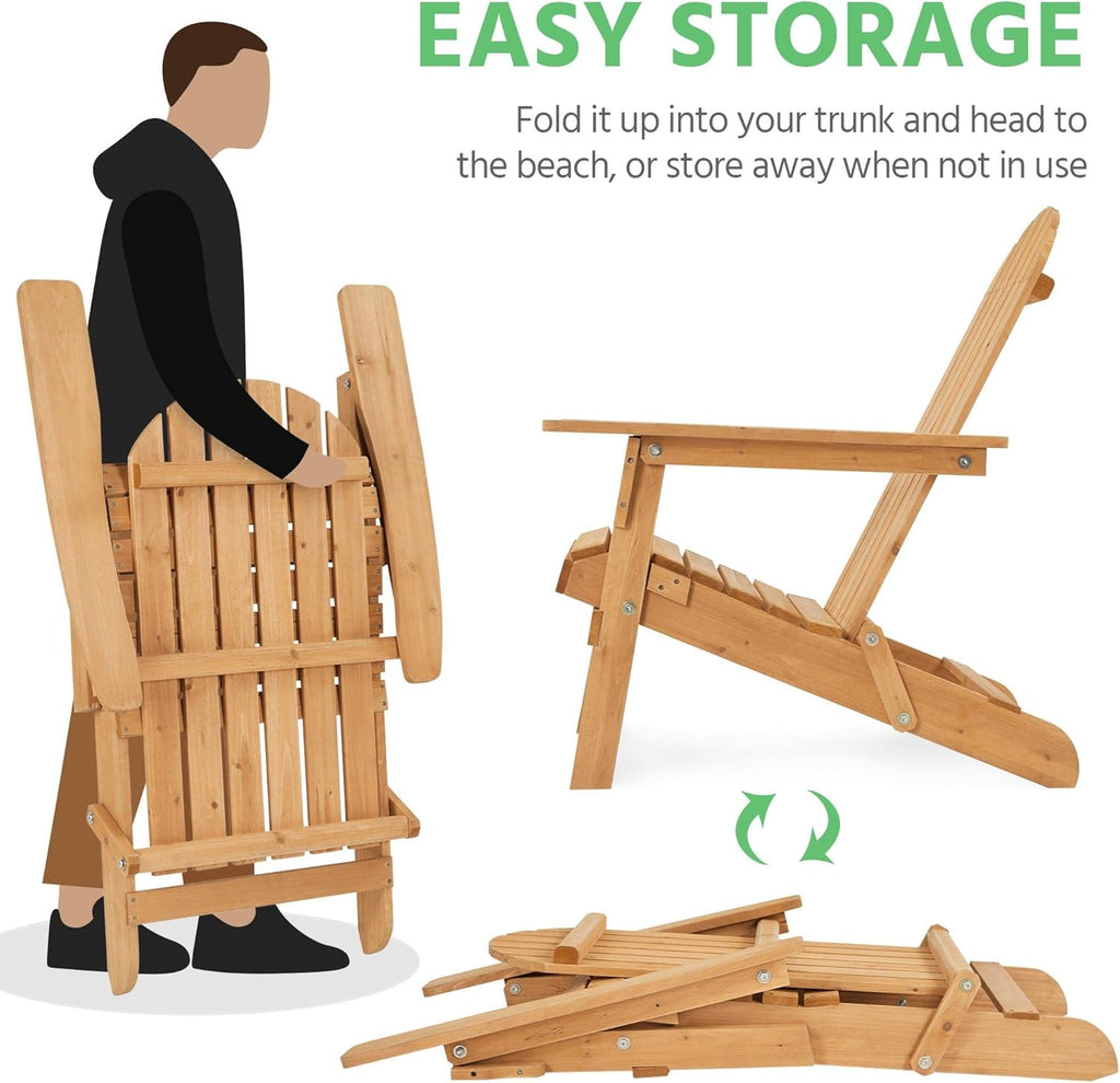 Yaheetech Folding Adirondack Chair Set of 1 Outdoor, 300LBS Solid Wood Garden Chair Weather Resistant, Fire Pit Lounge Chairs for Garden/Yard/Patio/Lawn, Natural Wood