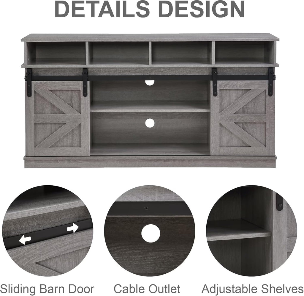 TV Stand for Living Room - Entertainment Center with Storage - Fits 65 Inch TV - Traditional American Country Style TV Cabinet - Media Console - Barn Door TV Stand,Grey.