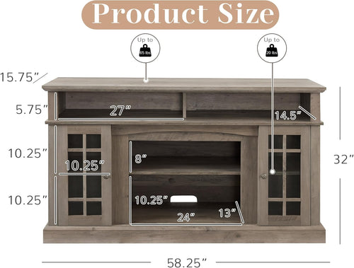 58" Traditional American Country Style TV Stand for TV Up to 65'', Rustic Entertainment Center with Open Shelves, Large Home Entertainment Console Table with Glass Door for Living Room (Gray)