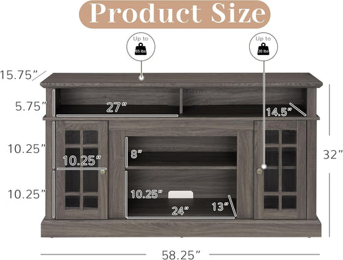 58" Traditional American Country Style TV Stand for TV Up to 65'', Rustic Entertainment Center with Open Shelves, Home Entertainment Console Table with Glass Door for Living Room (Black)