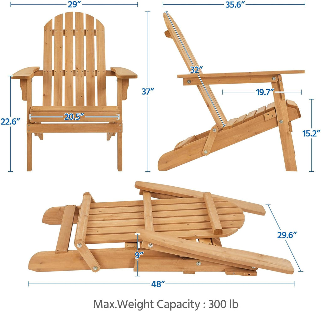 Yaheetech Folding Adirondack Chair Set of 1 Outdoor, 300LBS Solid Wood Garden Chair Weather Resistant, Fire Pit Lounge Chairs for Garden/Yard/Patio/Lawn, Natural Wood