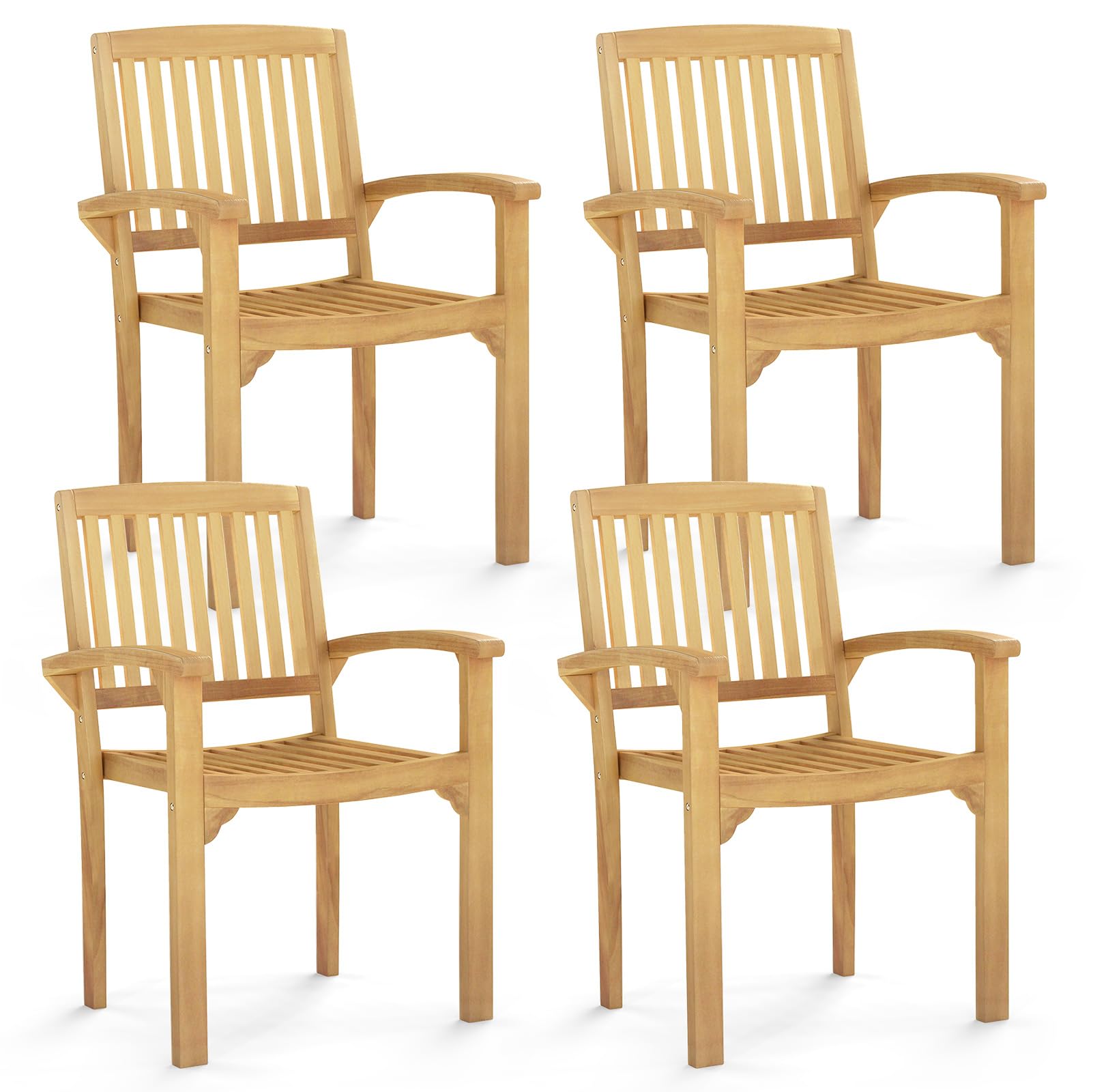 Tangkula Outdoor Patio Wood Dining Chair, Teak Wood Armchair with Slatted Seat & Curved Seat, Ergonomic Armrests, Solid Wooden Legs, for Balcony, Poolside, Porch, Yard (1)