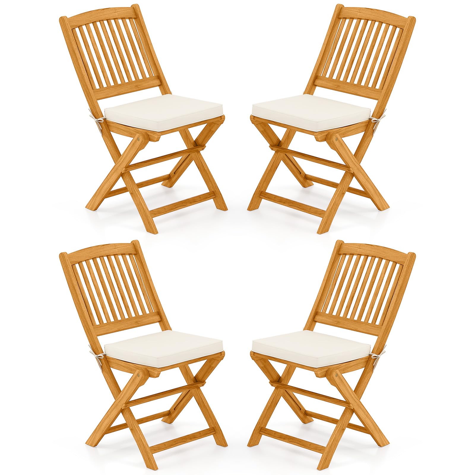 Tangkula 2 Pieces Folding Outdoor Dining Chairs, Acacia Wood Patio Chairs with Soft Cushions, Slatted Backrests and Seats, Outdoor Chairs for Porch, Balcony, Deck and Yard (One-Size,Beige,2)