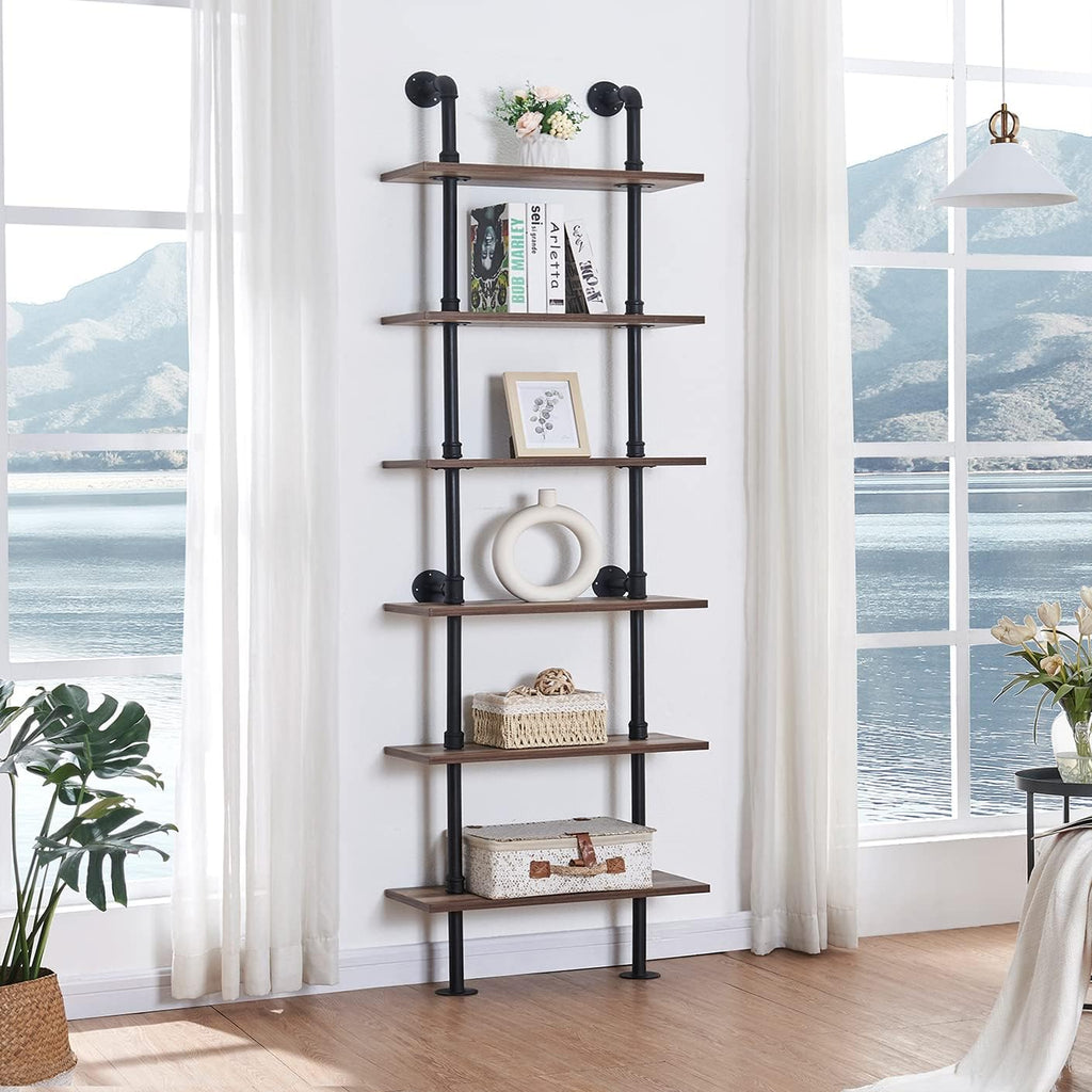 HOMBAZAAR Industrial Pipe Bookshelf,6 Tier Pipe Shelving,Wall Mounted Ladder Shelves with Metal Frame for Home Office,Living Room,Oak Brown