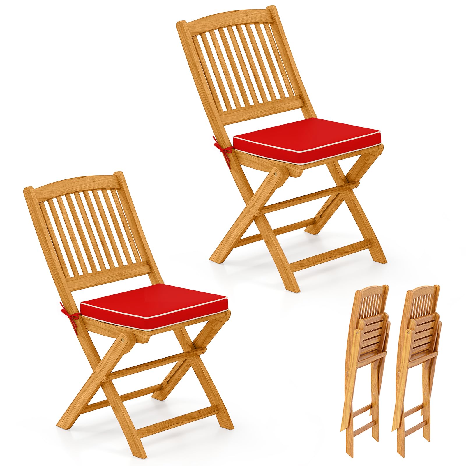 Tangkula 2 Pieces Folding Outdoor Dining Chairs, Acacia Wood Patio Chairs with Soft Cushions, Slatted Backrests and Seats, Outdoor Chairs for Porch, Balcony, Deck and Yard (One-Size,Beige,2)