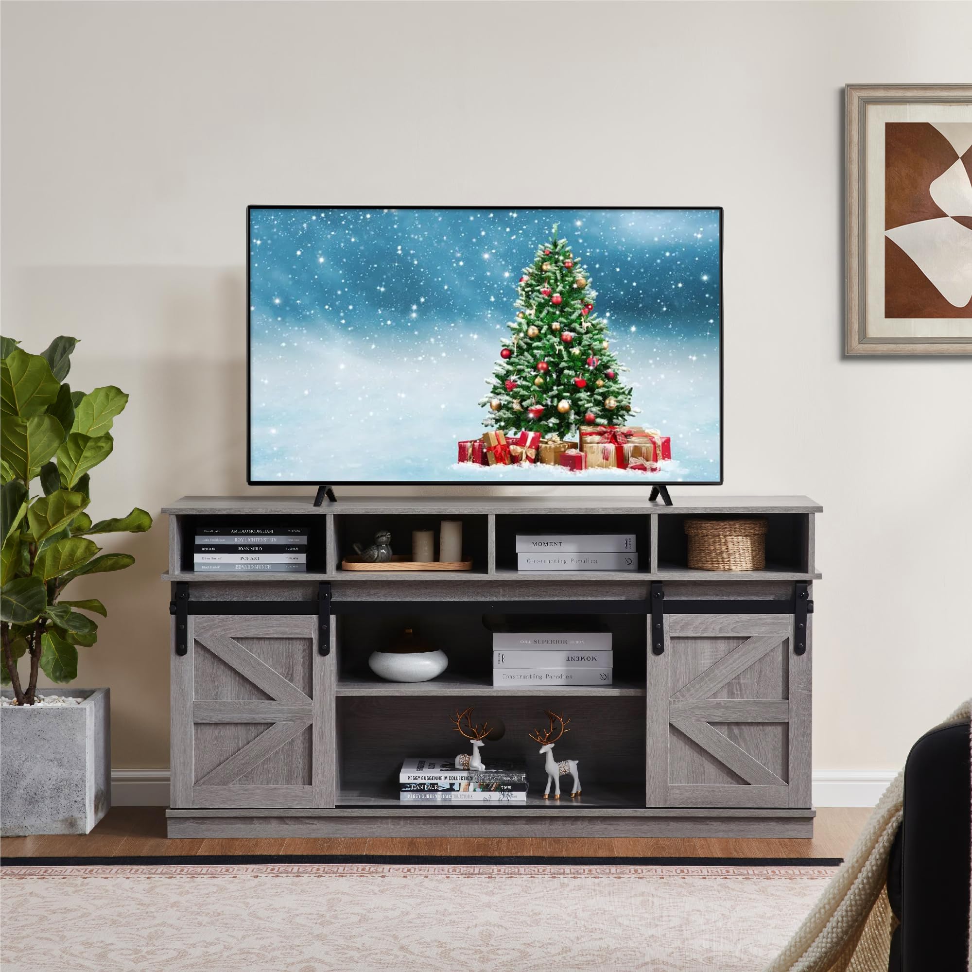 TV Stand for Living Room - Entertainment Center with Storage - Fits 65 Inch TV - Traditional American Country Style TV Cabinet - Media Console - Barn Door TV Stand,White