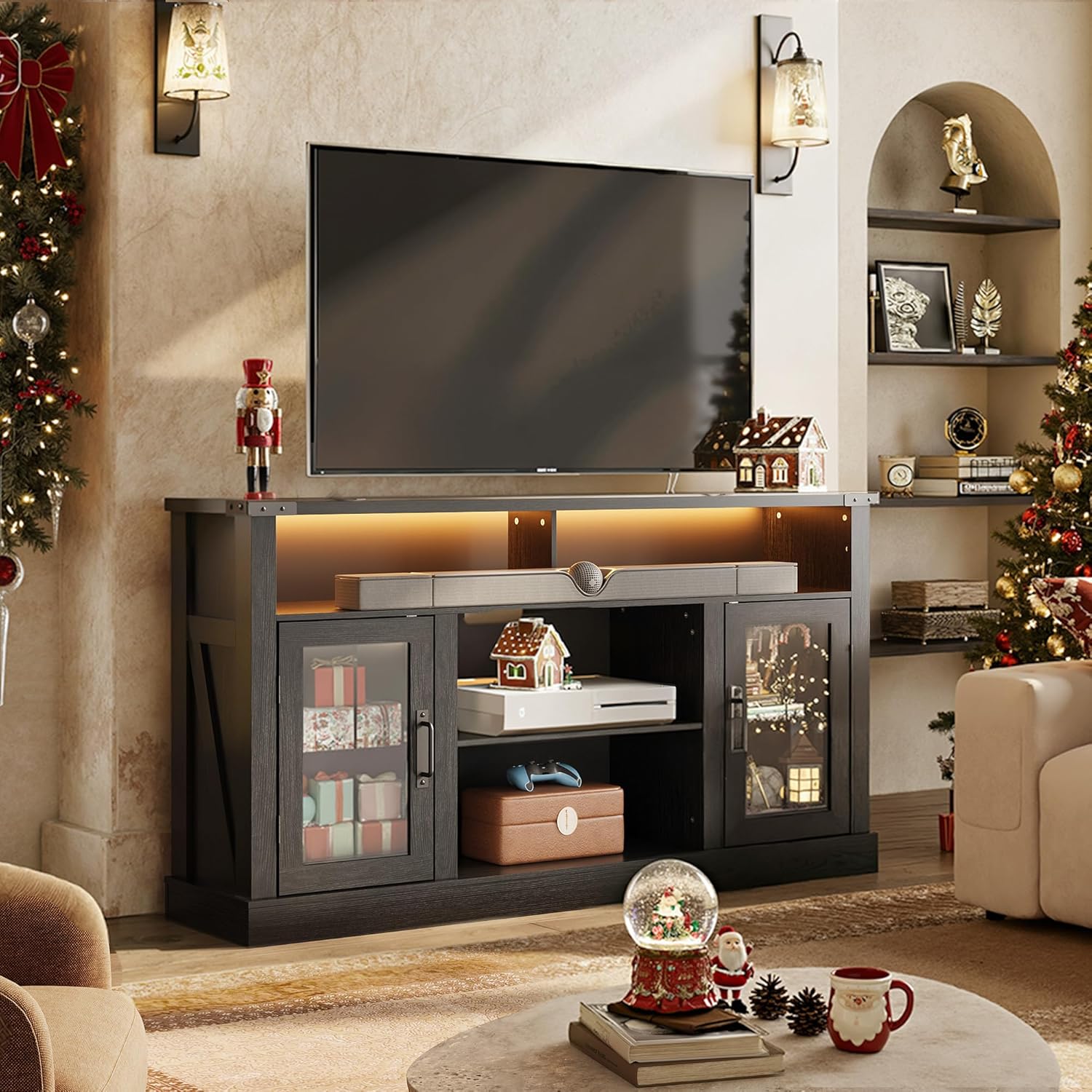 WLIVE Farmhouse TV Stand for 65 Inch TV, Tall Entertainment Center with LED Lights & Storage Cabinets, TV Media Console Table with Adjustable Shelf for Living Room, Bedroom, Home Theater, Black