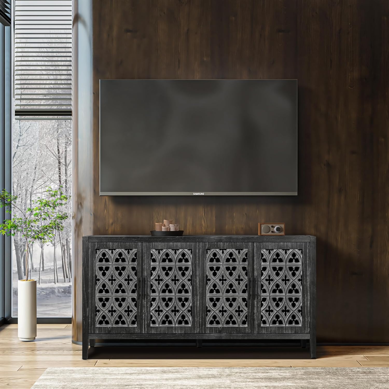 roomfitters Retro TV Stand, Four Door Antique Buffet Cabinet, Rustic Country Style, Ideal for Living Room, Bedroom Kitchen, Black