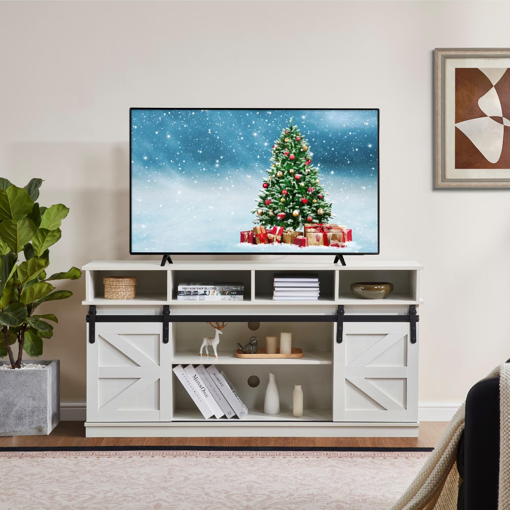 TV Stand for Living Room - Entertainment Center with Storage - Fits 65 Inch TV - Traditional American Country Style TV Cabinet - Media Console - Barn Door TV Stand,White