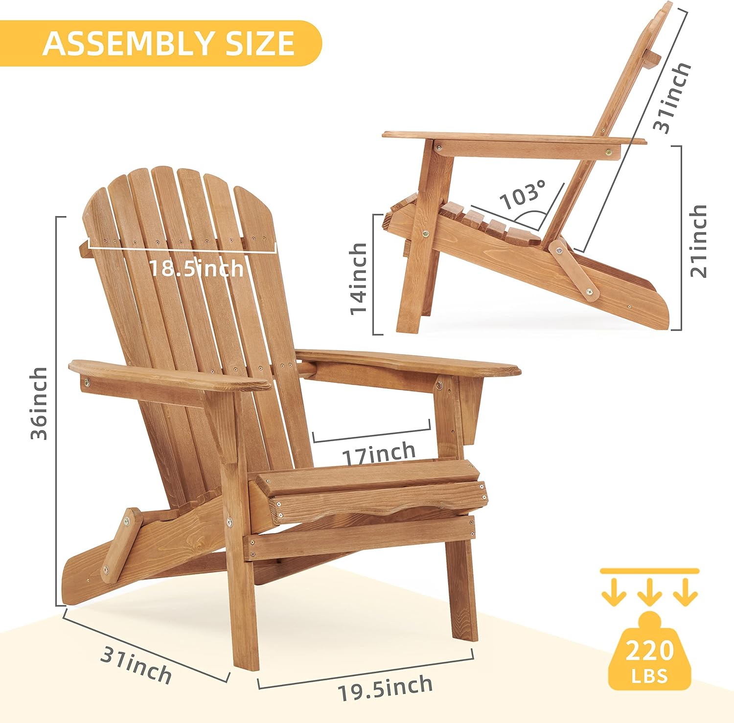 Smart FENDEE 2 Packs Folding Adirondack Chairs, All-Weather Wooden Adirondack Firepit Chairs, Solid Outdoor Leisure Furniture for Relaxing, Suitable for Yard, Patio, Balcony, Poolside, Natural