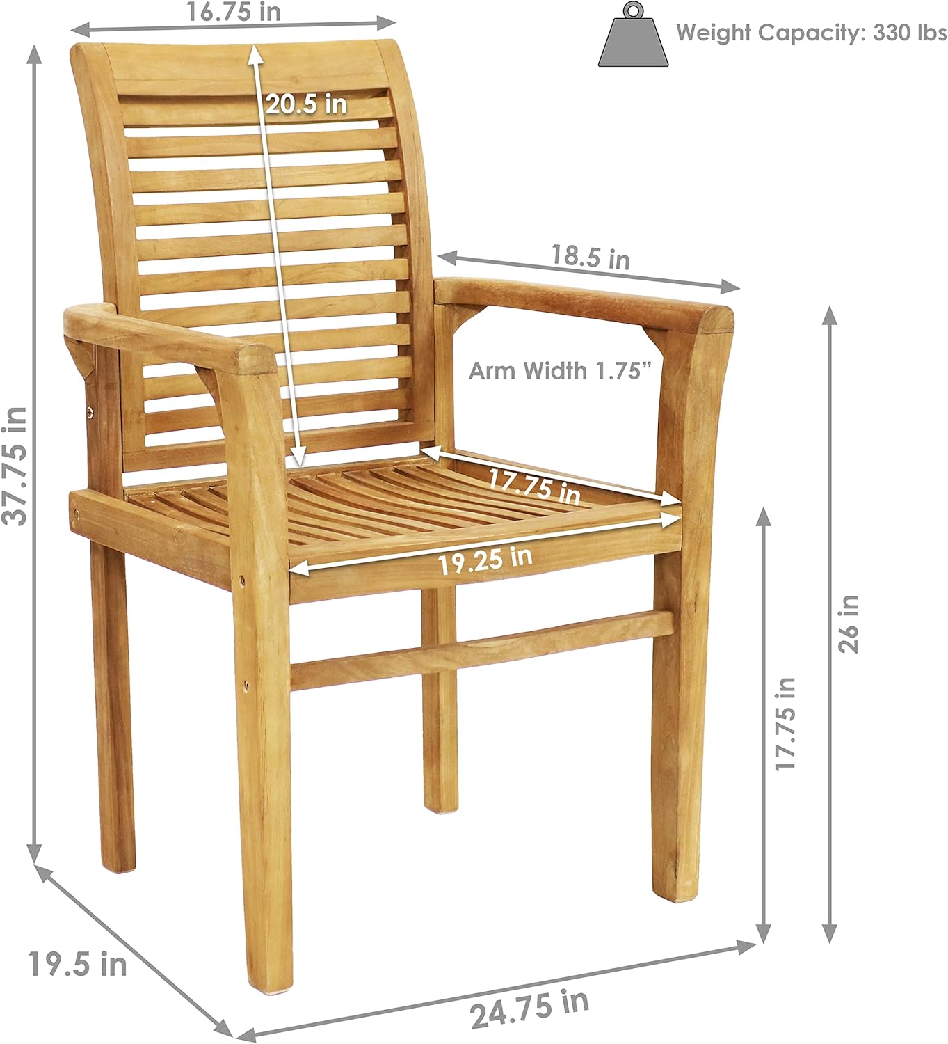 Sunnydaze Solid Teak Outdoor Dining Chair –Durable Wood Slatted Patio Chair with Arms for Backyard, Deck, & Patio - Light Brown Wood Stain Finish