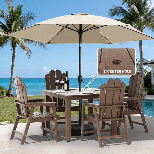 5-Piece Patio Dining Set, Outdoor Dining Set for 4, HDPE All-Weather Outdoor Furniture with 35.43” Umbrella Hole Table, 4 Armchairs, Brown