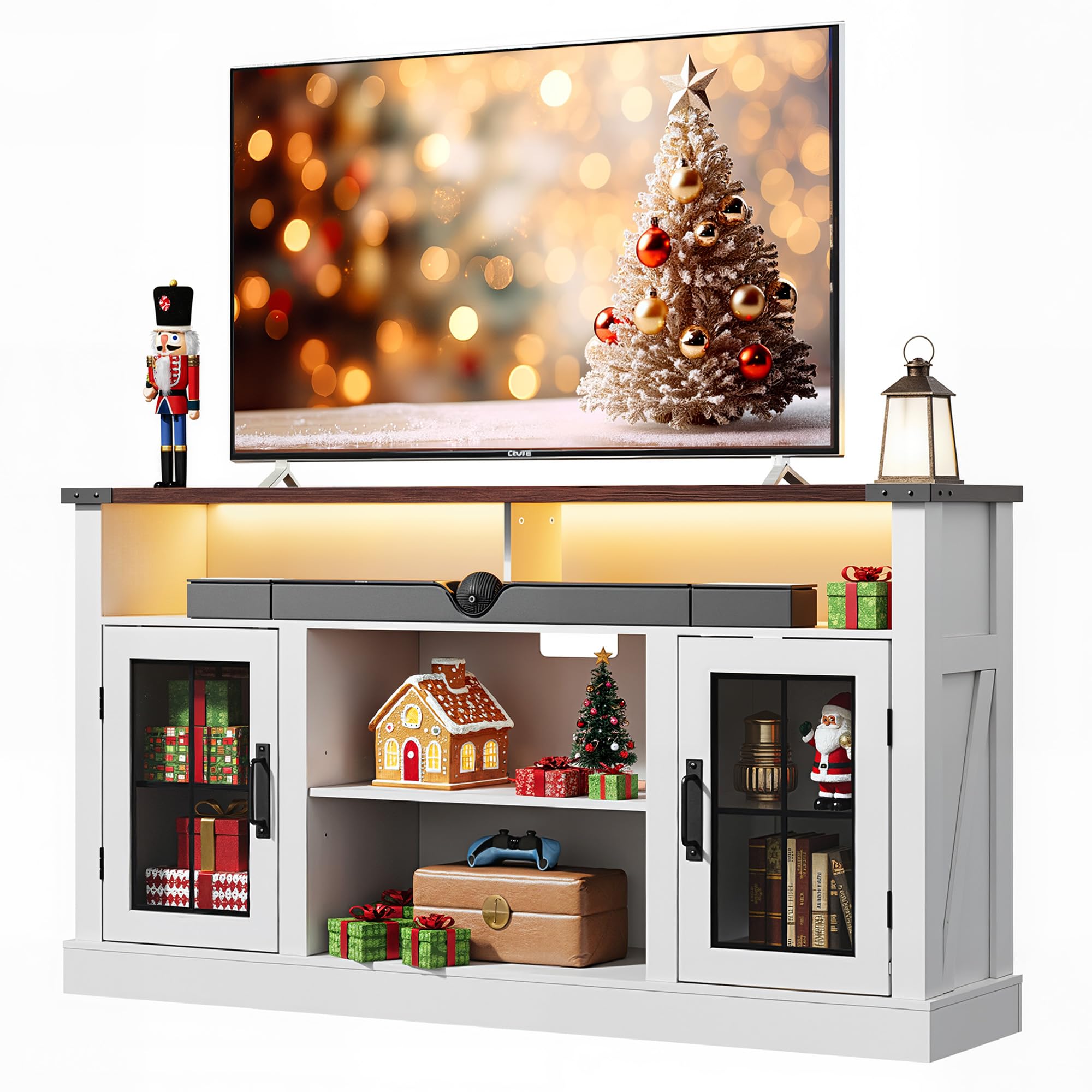 WLIVE Farmhouse TV Stand for 65 Inch TV, Tall Entertainment Center with LED Lights & Storage Cabinets, TV Media Console Table with Adjustable Shelf for Living Room, Bedroom, Home Theater, Black