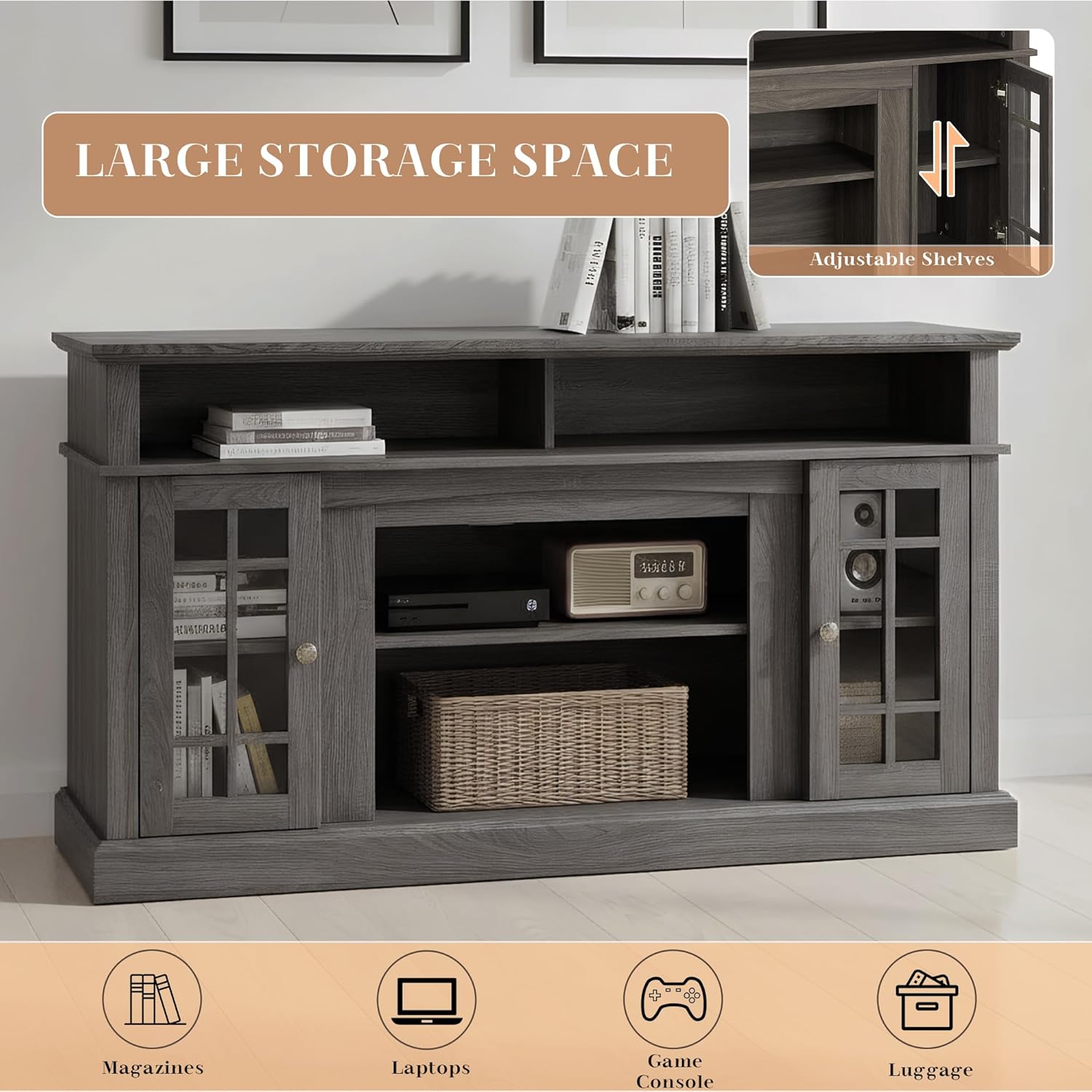 58" Traditional American Country Style TV Stand for TV Up to 65'', Rustic Entertainment Center with Open Shelves, Home Entertainment Console Table with Glass Door for Living Room (Black)