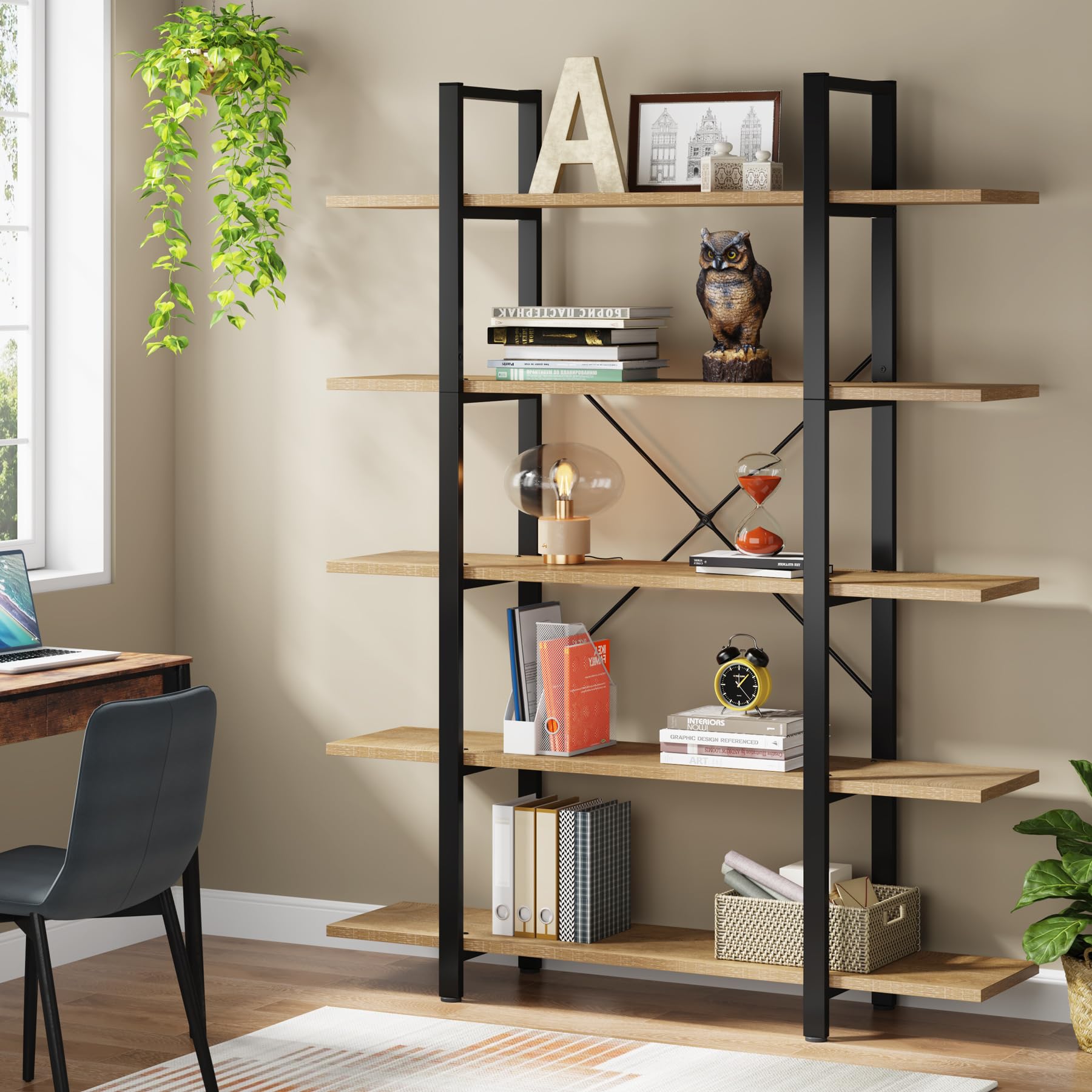 Tribesigns 5-Tier Bookshelf, Vintage Industrial Style Bookcase 72 H x 12 W x 47L Inches