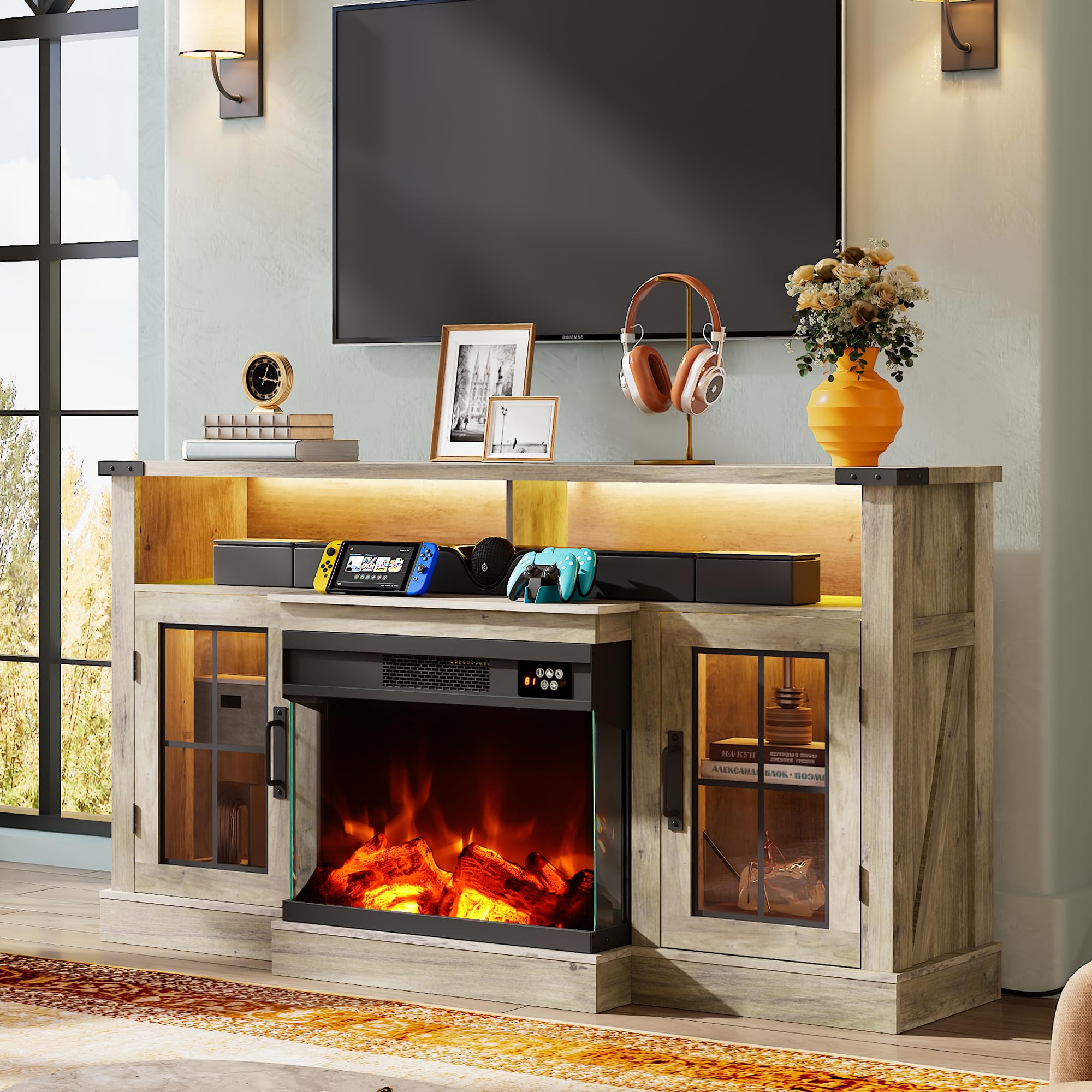 WLIVE Farmhouse TV Stand for 65 Inch TV, Tall Entertainment Center with LED Lights & Storage Cabinets, TV Media Console Table with Adjustable Shelf for Living Room, Bedroom, Home Theater, Black