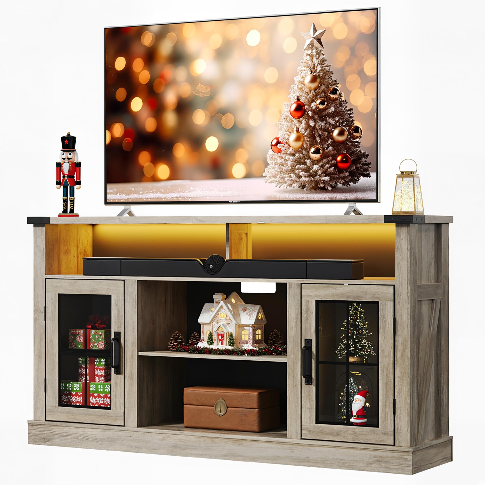 WLIVE Farmhouse TV Stand for 65 Inch TV, Tall Entertainment Center with LED Lights & Storage Cabinets, TV Media Console Table with Adjustable Shelf for Living Room, Bedroom, Home Theater, Black