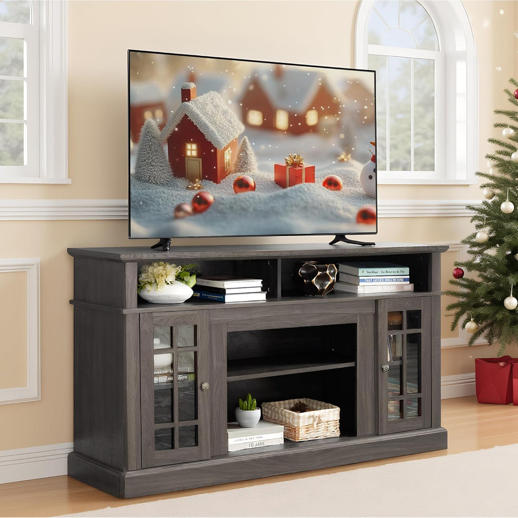 58" Traditional American Country Style TV Stand for TV Up to 65'', Rustic Entertainment Center with Open Shelves, Home Entertainment Console Table with Glass Door for Living Room (Black)