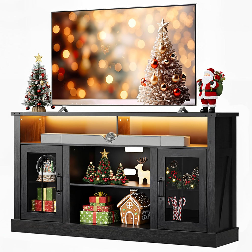 WLIVE Farmhouse TV Stand for 65 Inch TV, Tall Entertainment Center with LED Lights & Storage Cabinets, TV Media Console Table with Adjustable Shelf for Living Room, Bedroom, Home Theater, Black