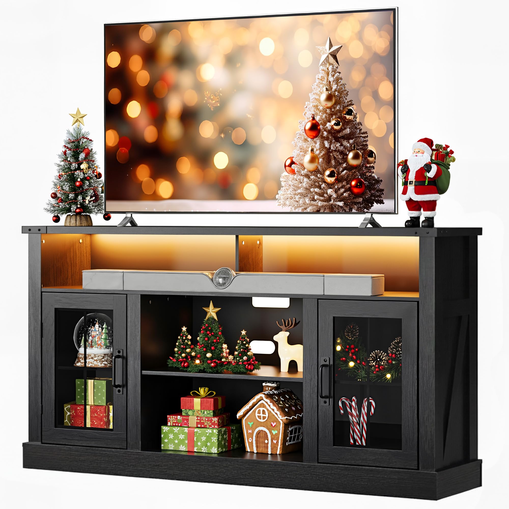 WLIVE Farmhouse TV Stand for 65 Inch TV, Tall Entertainment Center with LED Lights & Storage Cabinets, TV Media Console Table with Adjustable Shelf for Living Room, Bedroom, Home Theater, Black