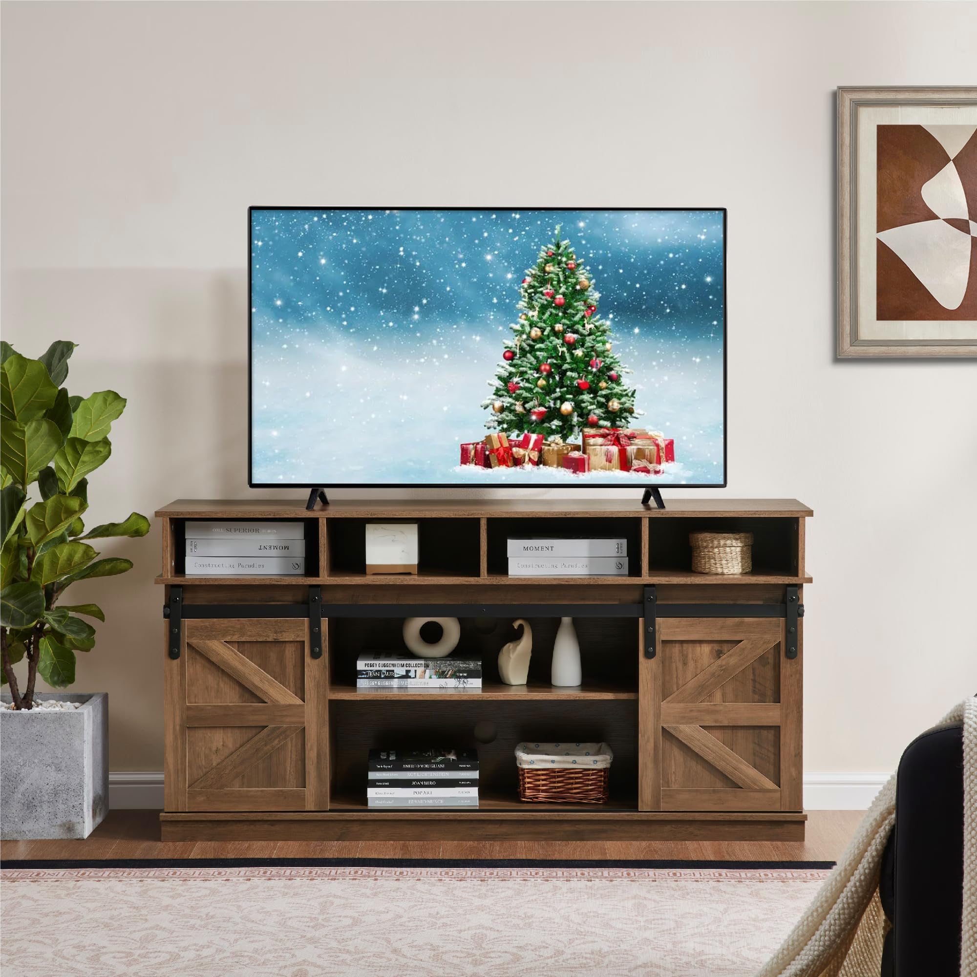 TV Stand for Living Room - Entertainment Center with Storage - Fits 65 Inch TV - Traditional American Country Style TV Cabinet - Media Console - Barn Door TV Stand,Brown