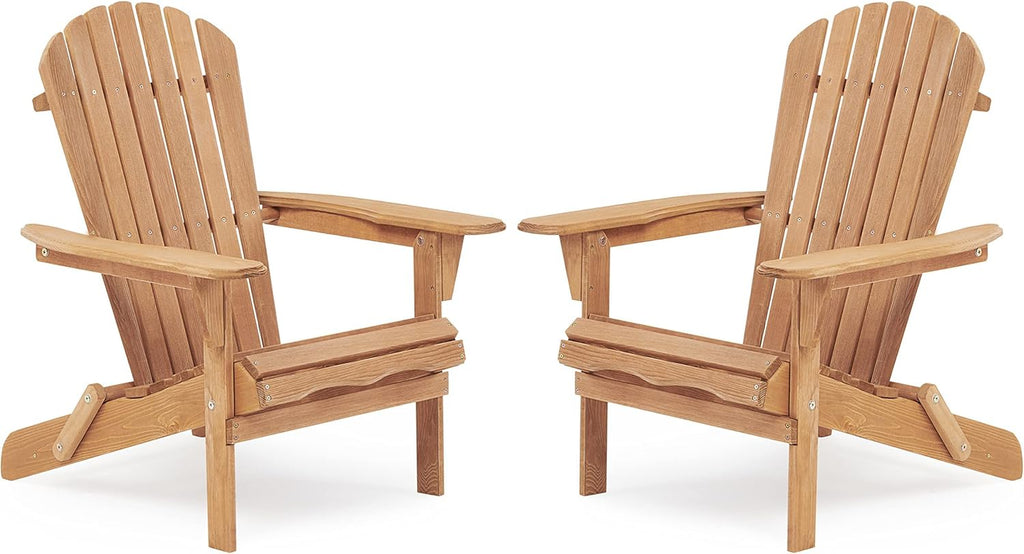 Smart FENDEE 2 Packs Folding Adirondack Chairs, All-Weather Wooden Adirondack Firepit Chairs, Solid Outdoor Leisure Furniture for Relaxing, Suitable for Yard, Patio, Balcony, Poolside, Natural