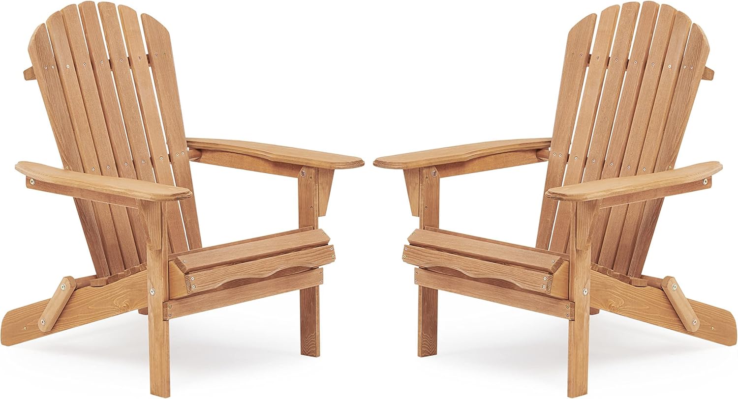 Smart FENDEE 2 Packs Folding Adirondack Chairs, All-Weather Wooden Adirondack Firepit Chairs, Solid Outdoor Leisure Furniture for Relaxing, Suitable for Yard, Patio, Balcony, Poolside, Natural