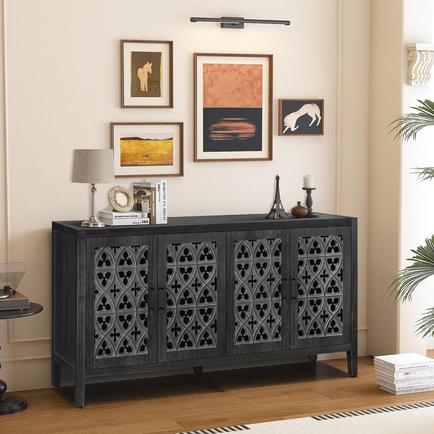 roomfitters Retro TV Stand, Four Door Antique Buffet Cabinet, Rustic Country Style, Ideal for Living Room, Bedroom Kitchen, Black