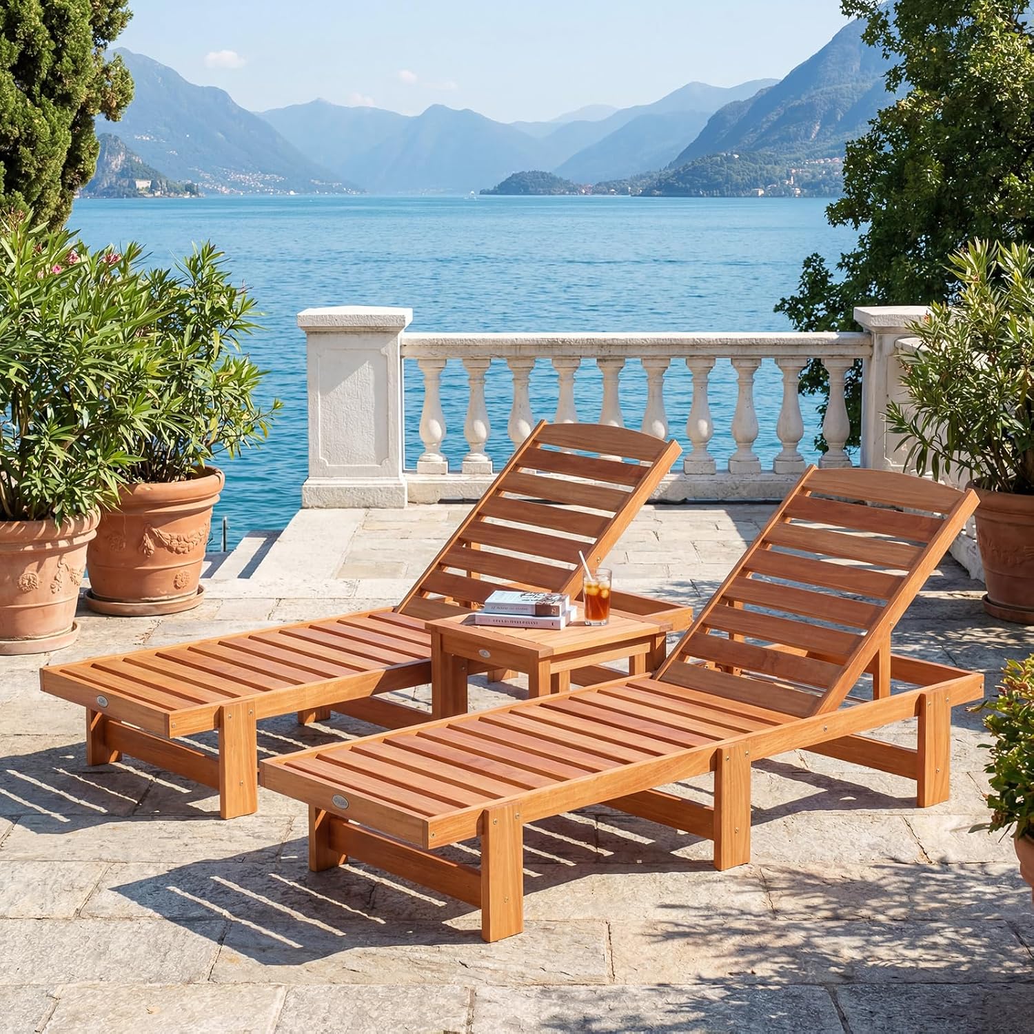 Tangkula Lounge Chair Outdoor, Solid Wood Patio Chaise Lounge with 5-Level Adjustable Backrest, Wooden Slatted Beach Pool Sunbathing Recliner for Outside Backyard, 500 LBS Max Load (1,Natural)