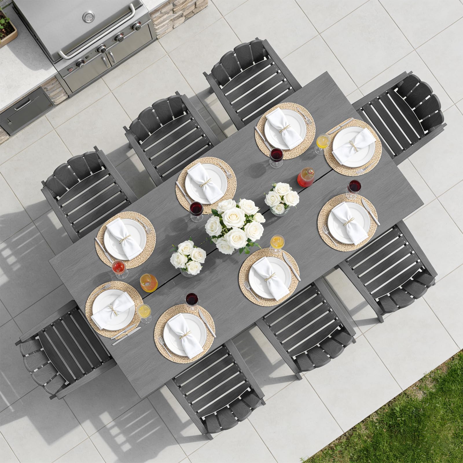 5-Piece Patio Dining Set, Outdoor Dining Set for 4, HDPE All-Weather Outdoor Furniture with 35.43” Umbrella Hole Table, 4 Armchairs, Brown