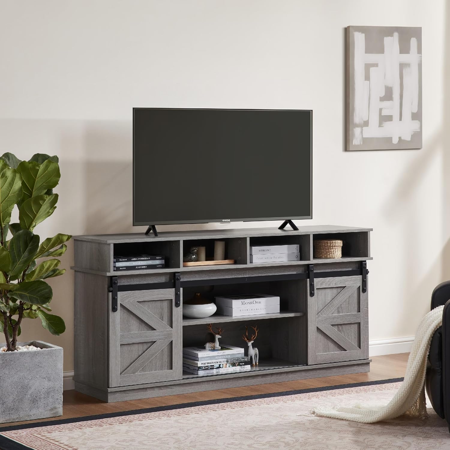 TV Stand for Living Room - Entertainment Center with Storage - Fits 65 Inch TV - Traditional American Country Style TV Cabinet - Media Console - Barn Door TV Stand,Grey.
