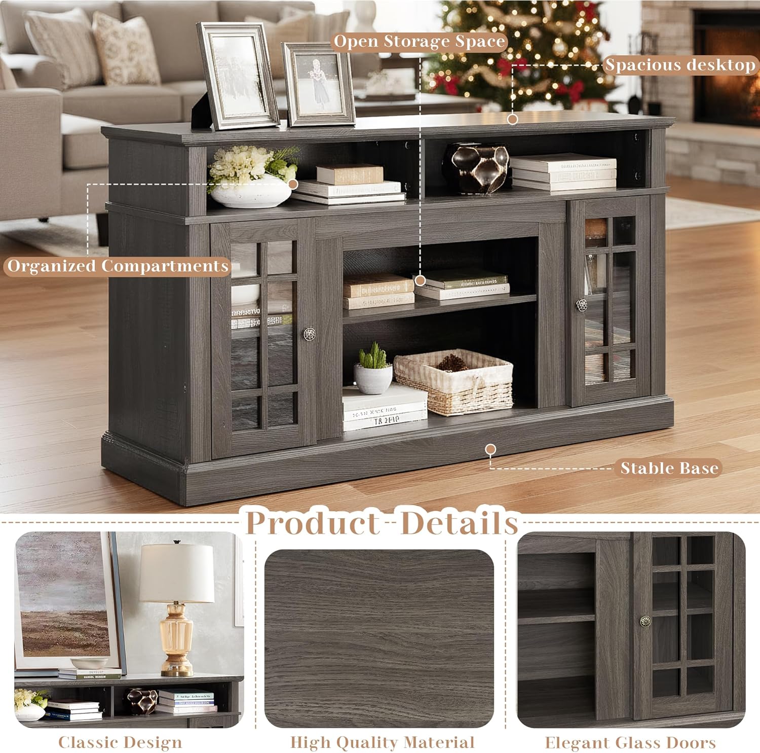 58" Traditional American Country Style TV Stand for TV Up to 65'', Rustic Entertainment Center with Open Shelves, Home Entertainment Console Table with Glass Door for Living Room (Black)