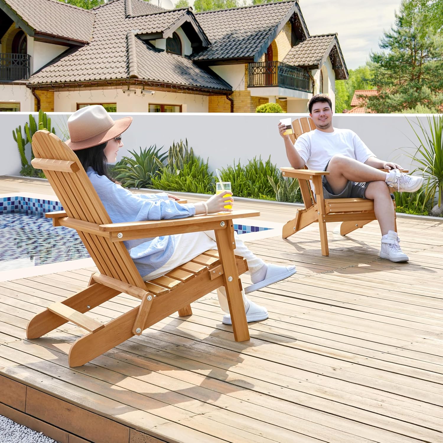 Yaheetech Folding Adirondack Chair Set of 1 Outdoor, 300LBS Solid Wood Garden Chair Weather Resistant, Fire Pit Lounge Chairs for Garden/Yard/Patio/Lawn, Natural Wood