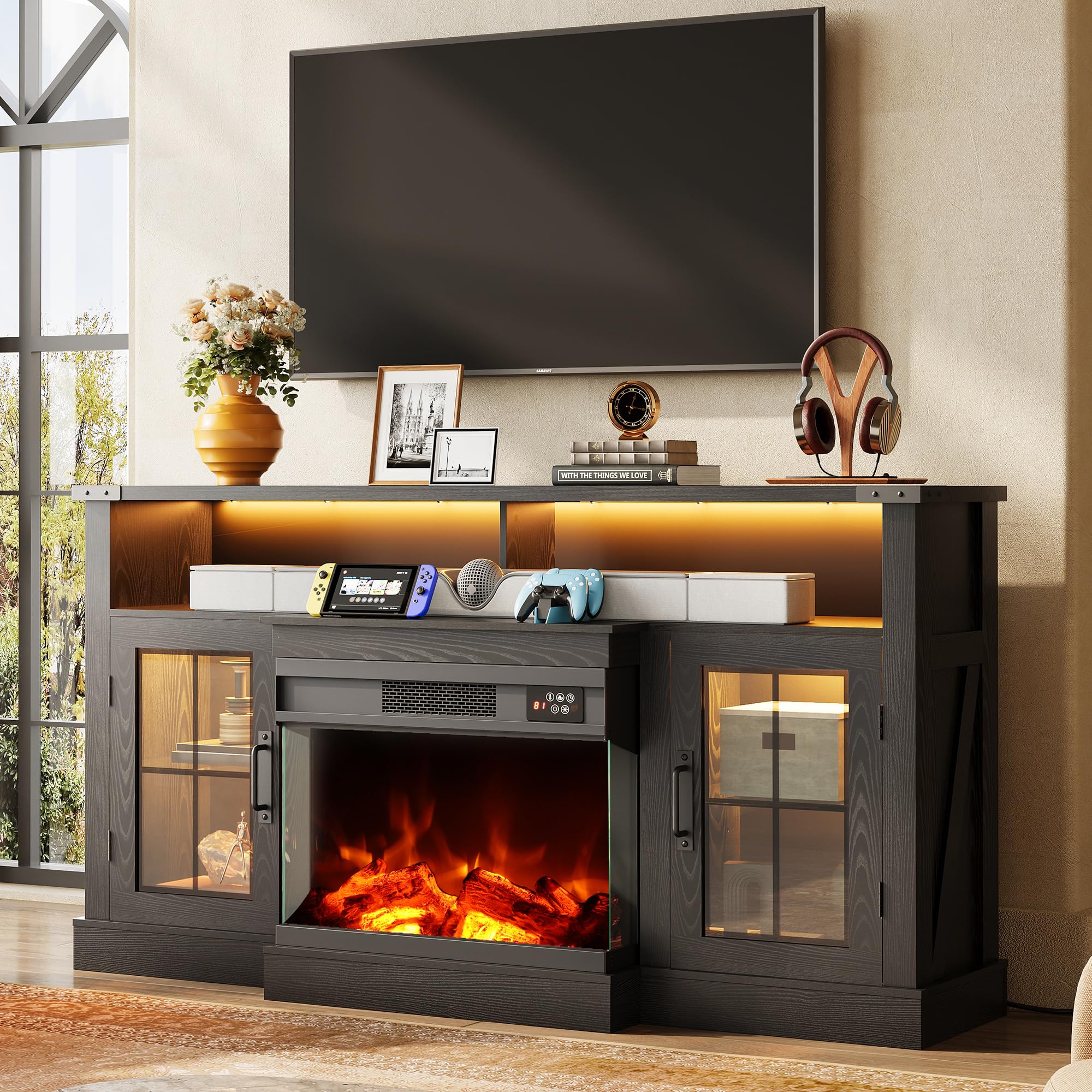 WLIVE Farmhouse TV Stand for 65 Inch TV, Tall Entertainment Center with LED Lights & Storage Cabinets, TV Media Console Table with Adjustable Shelf for Living Room, Bedroom, Home Theater, Black